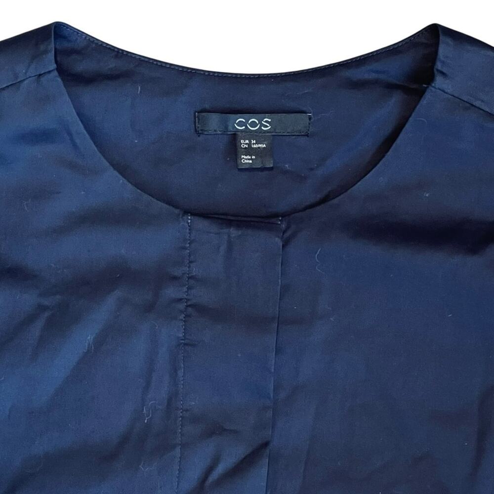 COS Women’s Sz 4 Navy Blue Gathered Puff Sleeve Blouse Stretch Cotton Top - Picture 5 of 15